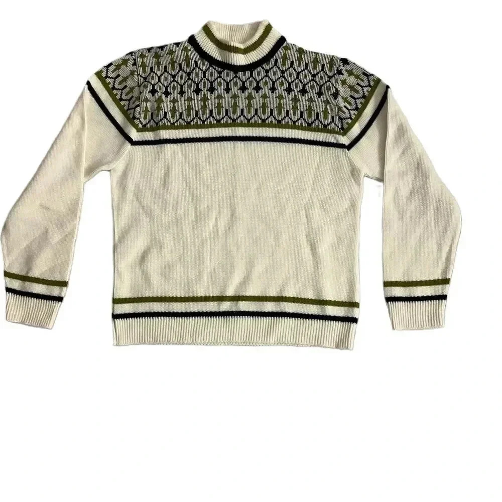 JCPenney Ivory Navy Blue Tan Long Sleeve Crew Neck Patterned Yoke Sweater Large